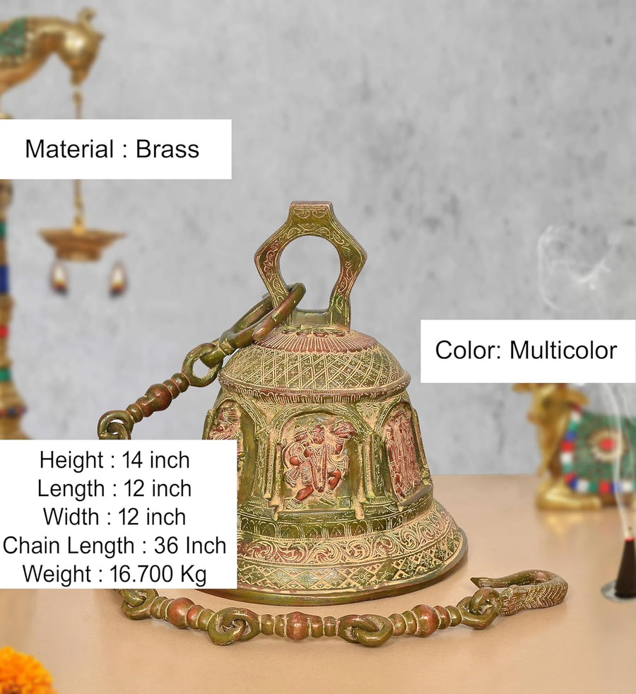 Brass Hanuman Hanging Bell with Ram Darbar Temple Hanging Bell (Height : 14 Inch) Craft Detail