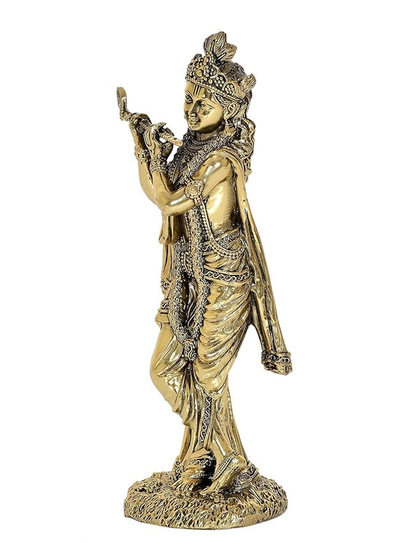 Superfine Brass Lord Krishna Idol Figurine Sculpture Playing Flute Statue Decorative Showpiece, (Height 8 Inch) Study Setting