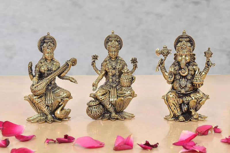 Bronze Lakshmi Ganesha Saraswati Idol (Height 4 Inch)
