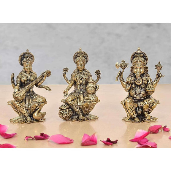 Bronze Lakshmi Ganesha Saraswati Idol (Height 4 Inch)
