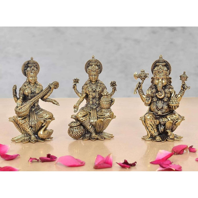 Bronze Lakshmi Ganesha Saraswati Idol (Height 4 Inch)