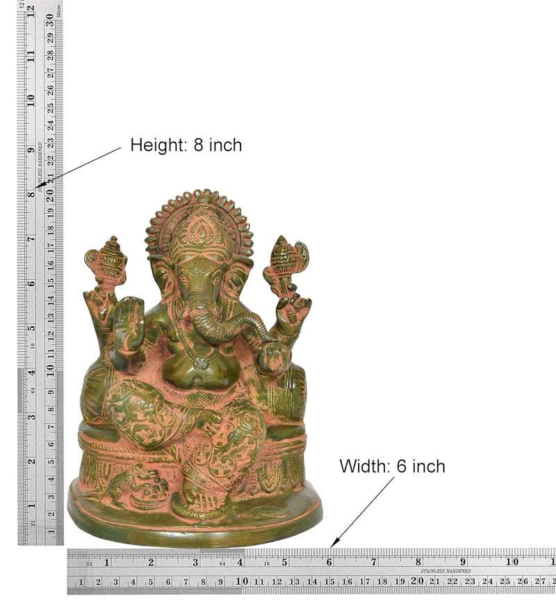 Beautiful Brass Green Ganesh Sculpture for front door showpiece (Height: 9 Inches)