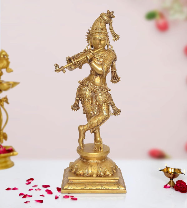 Brass Krishna Playing Flute Idol Statue Sculpture for Home Mandir Pooja Decor Temple Gift (Height 23 inch) Mandir Setting