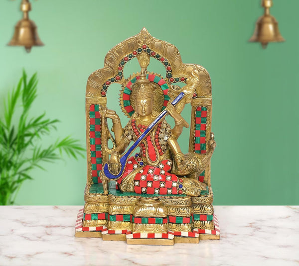 Brass Maa Saraswati Idol Sitting on Hans Goddess of Knowledge and Music (Height 11 Inch) Mandir Setting