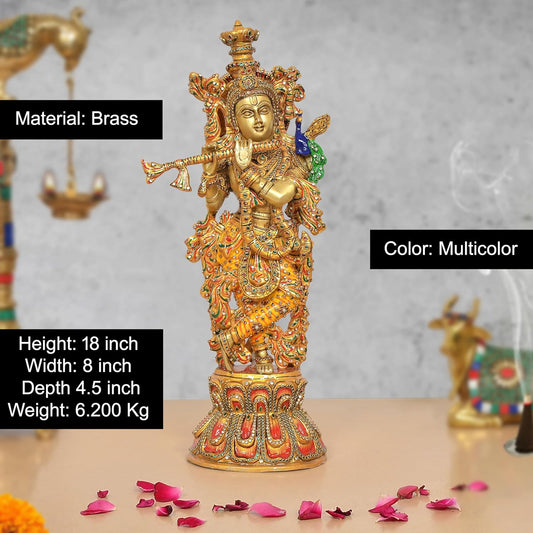 Handcrafted Brass Krishna Idol with Flute and Peacock Feather (Height 18 Inch)