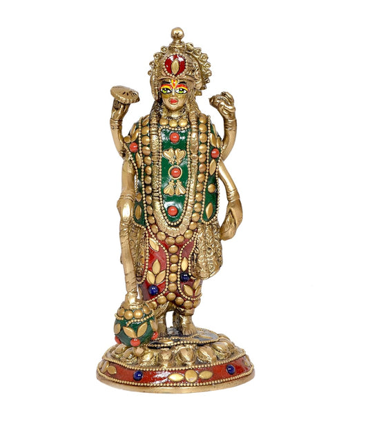 Brass Lord Vishnu Four Armed Standing with Eye Work Statue (Height 7.5 Inch)