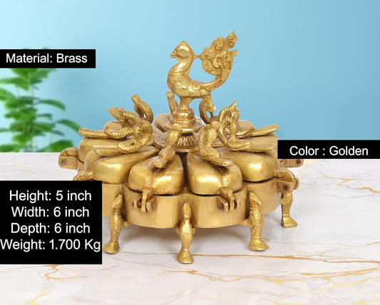 Brass Kumkum Box With 9 compartment Peacock on Top (Height: 5 inch)