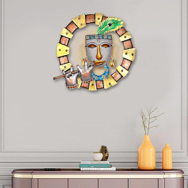 Iron Divine Krishna wall sculpture playing flute (18.5 inch diameter) Entryway Setting