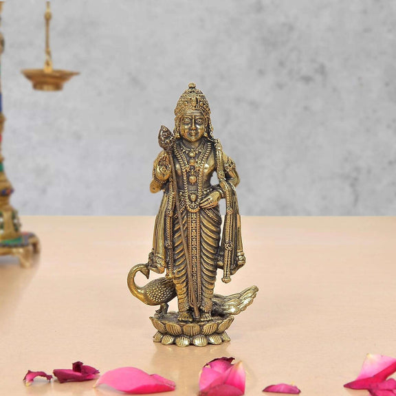 Bronze Standing Lord Kartikeya with Peacock Murugan Murti (Height 4.5 Inch)
