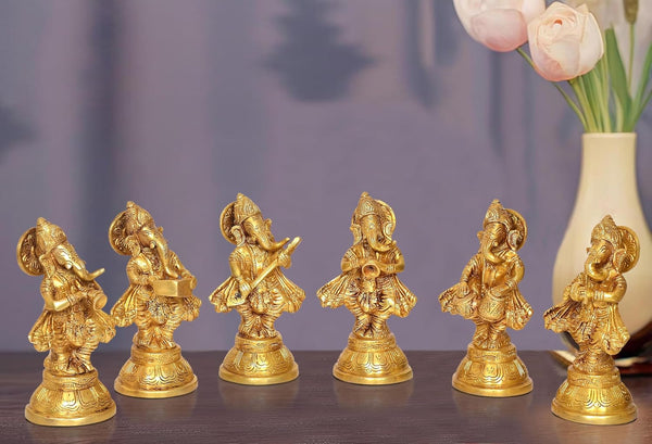 Brass Musical Ganesha Idol |Set of Six| for Home Decor and Pooja Mandir Temple (Height 6 Inch) Mandir Setting