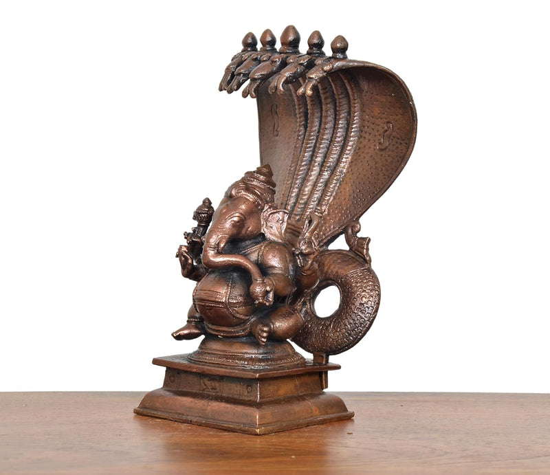 Copper Lord Ganesha with Adishesha Nag Statue (Height 6 Inch)