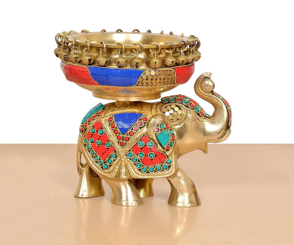 Brass Elephant with Urli Idol with Ghungroo (Height : 7.5 Inch) Study Setting