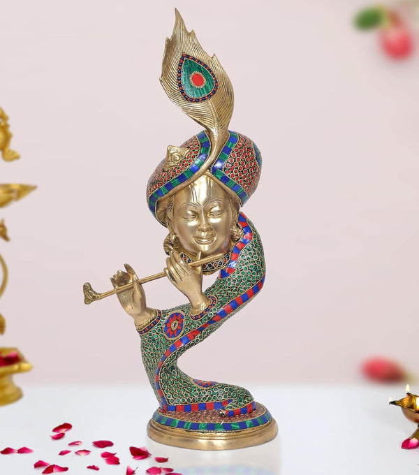 Brass Krishna Playing Flute with Peacock Mukut Idol Statue Sculpture for Home Mandir Pooja Decor Temple Gift (Height 21 inch) Mandir Setting