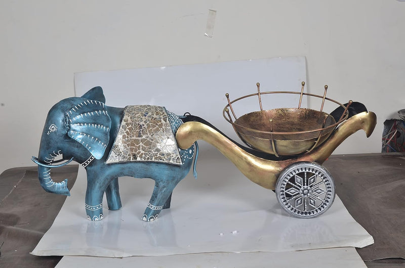 Iron Elephant with Cart Table topper Decorative Showpiece (Height 13 Inches)