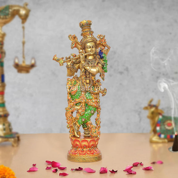 AONA Brass Lord Krishna Idol Playing Flute