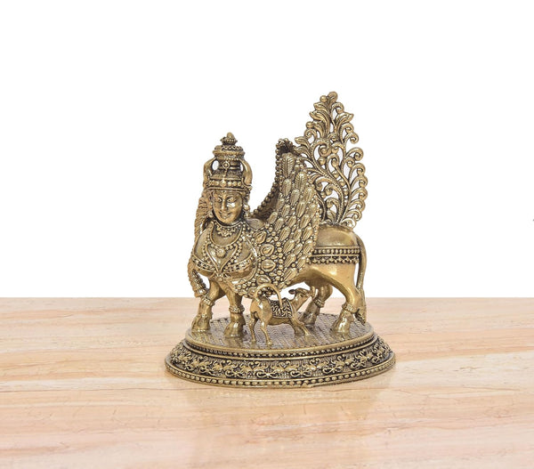 Superfine Brass Kamadhenu Cow with Calf and Wings Idol (Height 4.5 Inch) Study Setting