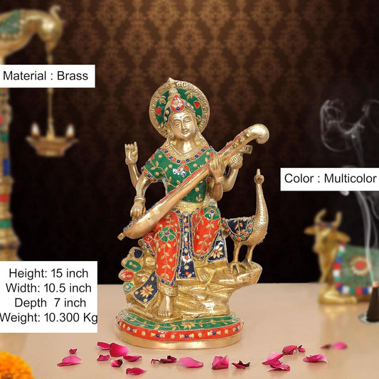 Brass Saraswati Maa Goddess of Knowledge and Music Idol (Height 15 Inch)
