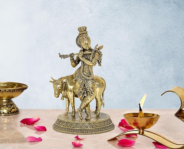 Superfine Brass Large Standing Krishna Statue with Cow Idol Krishna Statue with Flute Height 6.5 Inch Mandir Setting