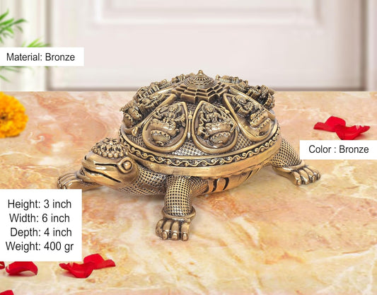 Bronze Ashtalakshmi Shree Yantra on Tortoise Figurine (Height: 3 Inches)