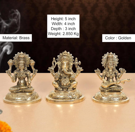 Brass Lakshmi Ganesha Saraswati Idol (Height:5 Inch)