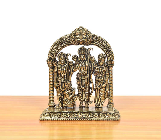 Superfine Brass Ram Darbar with Sita Lakshman Hanuman on Carved Frame with Kirtimukha Finish Statue (Height: 4 Inch)
