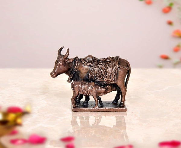 Copper Cow with Calf Pooja Mandir Home Decor (Height 2 Inch) Mandir Setting