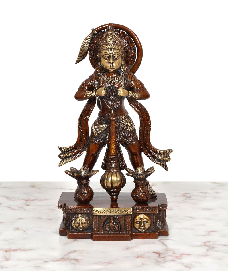 Brass Shri Hanuman Idol Showing Ram and Sita in His Heart in Standing Position (Height: 12.5 Inch)