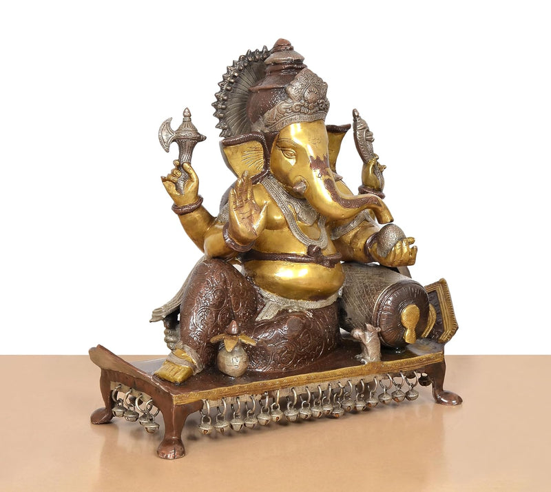 Brass Handcrafted Ganesha Seated on Chowki Idol (Height 16 Inch)