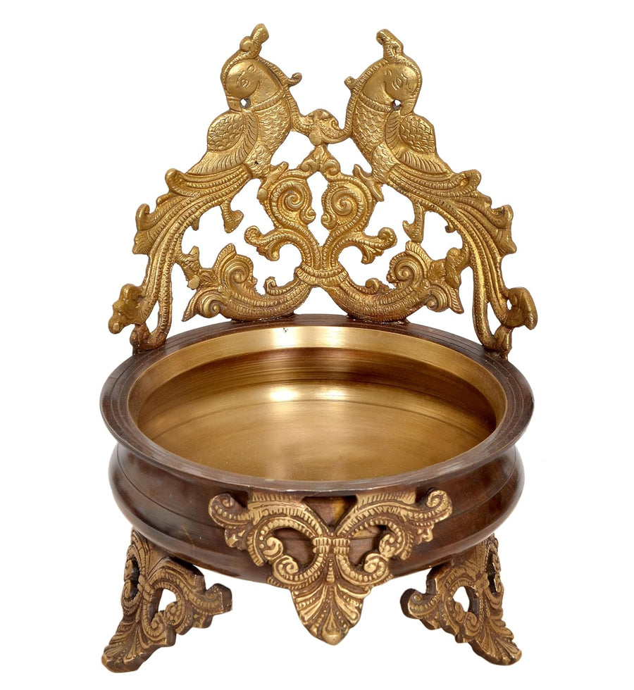 Brass Peacock Design Brass Urli - Handcrafted Traditional Decor Bowl for Weddings, Diwali, and Home Entrance Decor (Height 11.5 Inch) Craft Detail