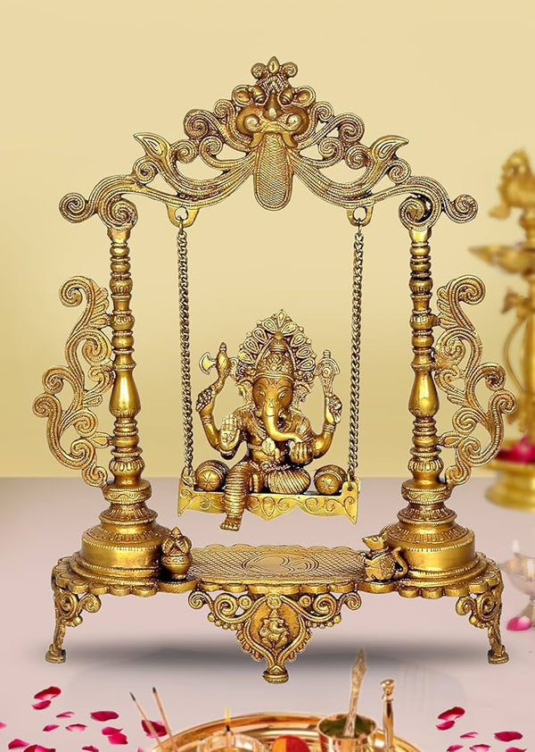 Brass Ganesha on Swing with Kirtimukha On Top (Height: 20 Inches) (Gold) Mandir Setting