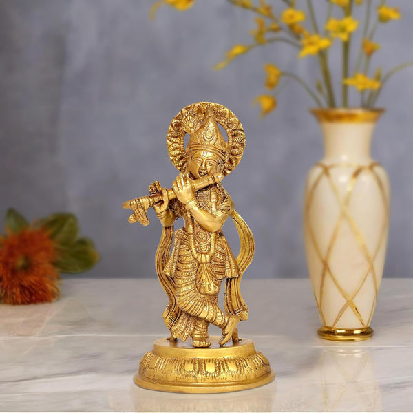 Brass Lord Krishna Idol Figurine Sculpture Playing Flute Statue, for Home Decor Mandir Pooja Decorative Showpiece, (Height 8 Inch) Mandir Setting