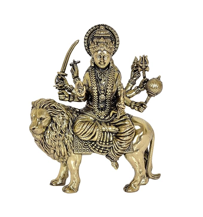 Fine Brass Durga Maa with Lion Idol Hindu Goddess Sherawali MATA Murti MATA Rani Statue Figurine Home Temple (Height: 5 Inch) Craft Detail
