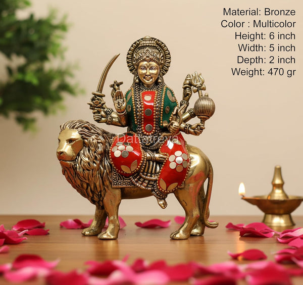 Superfine Brass Goddess Sherawali MATA Murti (Height: 6 Inch) Study Setting