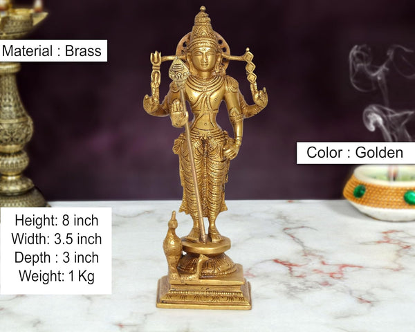 Brass Standing Lord Kartikeya with Peacock Murugan Murti (Height 8 Inch) Entryway Setting
