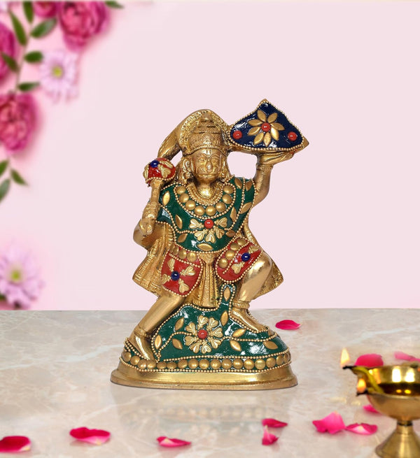 Brass Hanuman JI with Mountain Statue Idol Sculpture Statue Home Decor (Height: 6 Inch) Mandir Setting