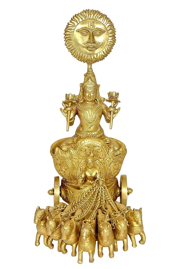 Brass Sun Chariot Rath with 7 Horse Statue (Height: 13 Inches)