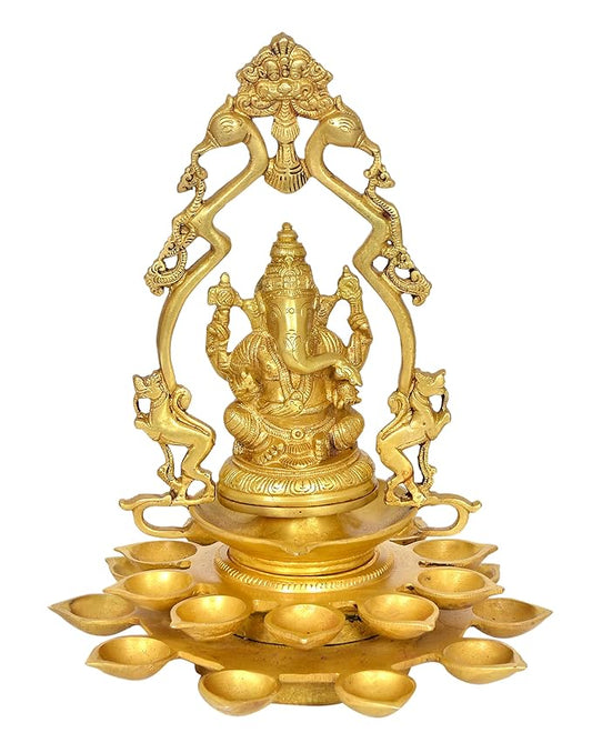 Brass Ganesha Diya Lamp Idol Murti Statue for Temple Home Decor | Diwali | Height : 11 Inches (20 Diya Holder)