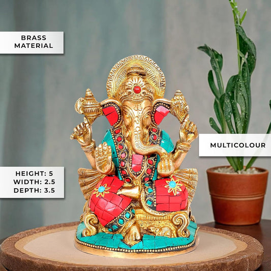 Brass Raja Ganesha Statue with stone work (Height 5.5 inches)
