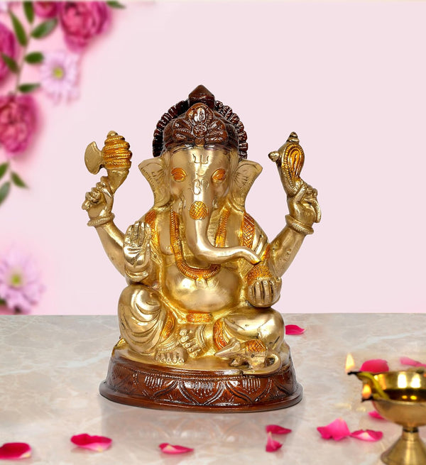 Brass Lord Ganesha Idol Statue Decorative Sculpture for Home Decor Office Mandir Pooja Showpiece (Height 8 Inch) Mandir Setting