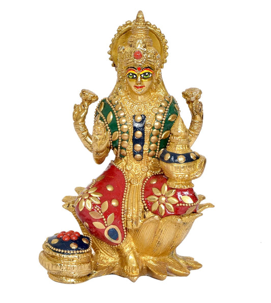 Brass Maa Laxmi Sitting on lotus with Hand Painted Eye work (Height: 7 Inch)