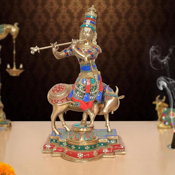 AONA Brass Lord Krishna with Cow Idol