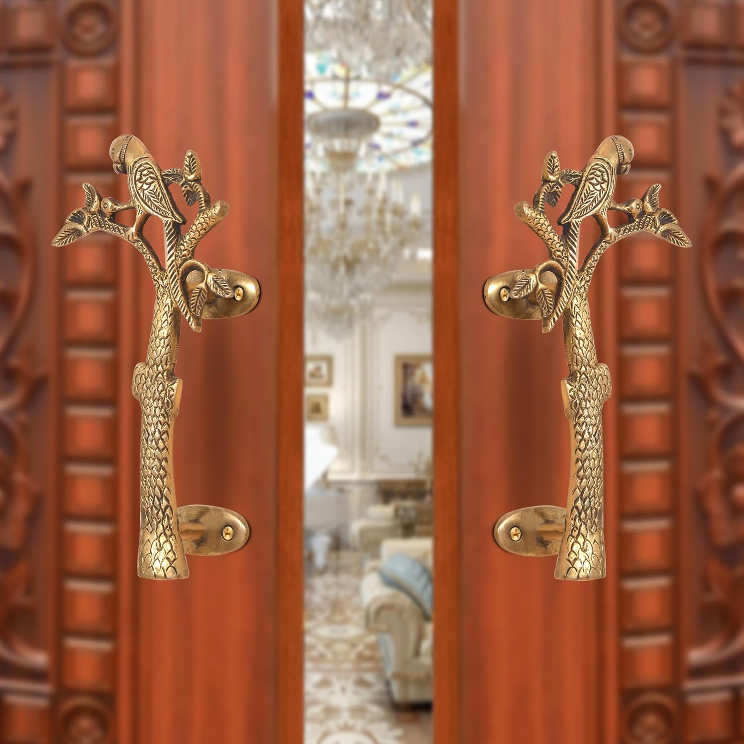 AONA Brass Parrot Tree Shape Door Handles Pair (Pack of 2)
