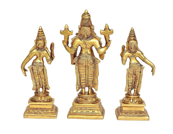 Brass Vishnu Bhudevi Sridevi Statue Idol Height : 6 inches (Large)