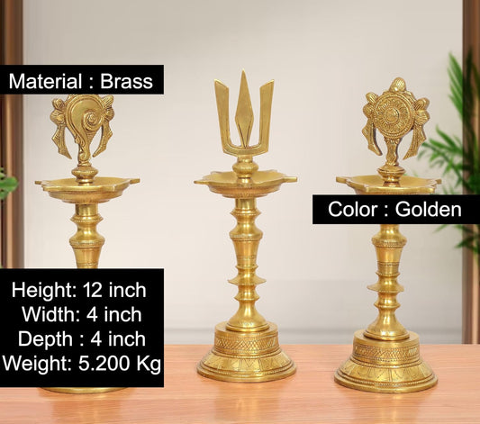 Brass Traditional Diya Shankh, Chakra, Naama Oil Lamp Tirupati Balaji Symbol (Height 12 Inch)