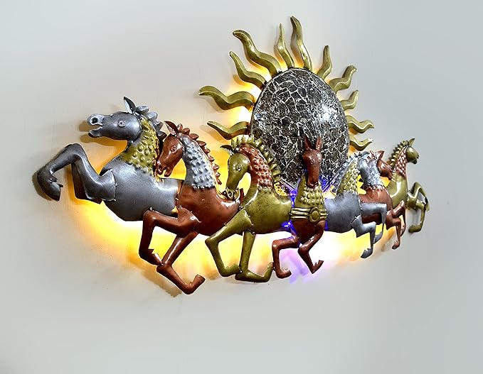 Iron Seven Running Horses with Sun Wall Decor Showpiece With LED Lights Horses (Width: 49 Inches)