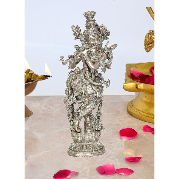Brass Krishna Statue (Height : 14 Inches) Silver Mandir Setting