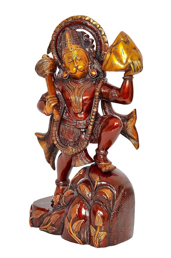 Brass Hanuman JI with Mountain Statue Idol Sculpture Statue Home Decor (Height: 17 Inch) Study Setting