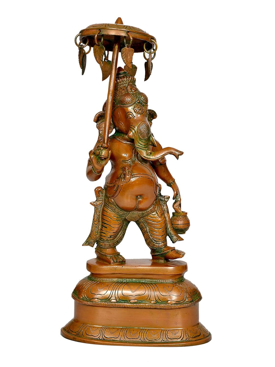 Brass Ganesha Holding Parasol in One Hand Statue Idol Sculpture Statue Home Decor (Height: 16 Inch) Craft Detail