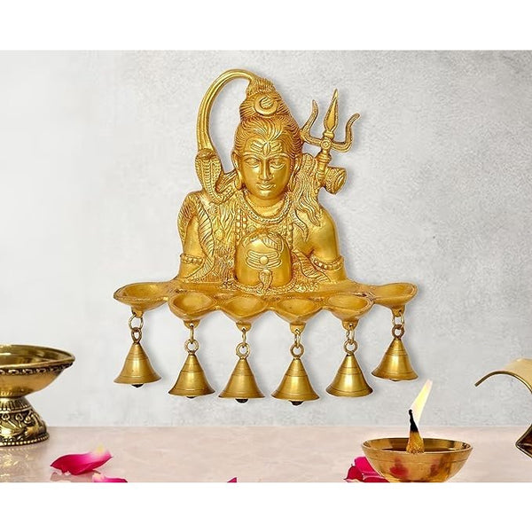 Brass Shiva Wall Hanging Lamp with Bells Diya Diwali Lamp Puja Deepak Deepam (Height 12 Inch) Mandir Setting