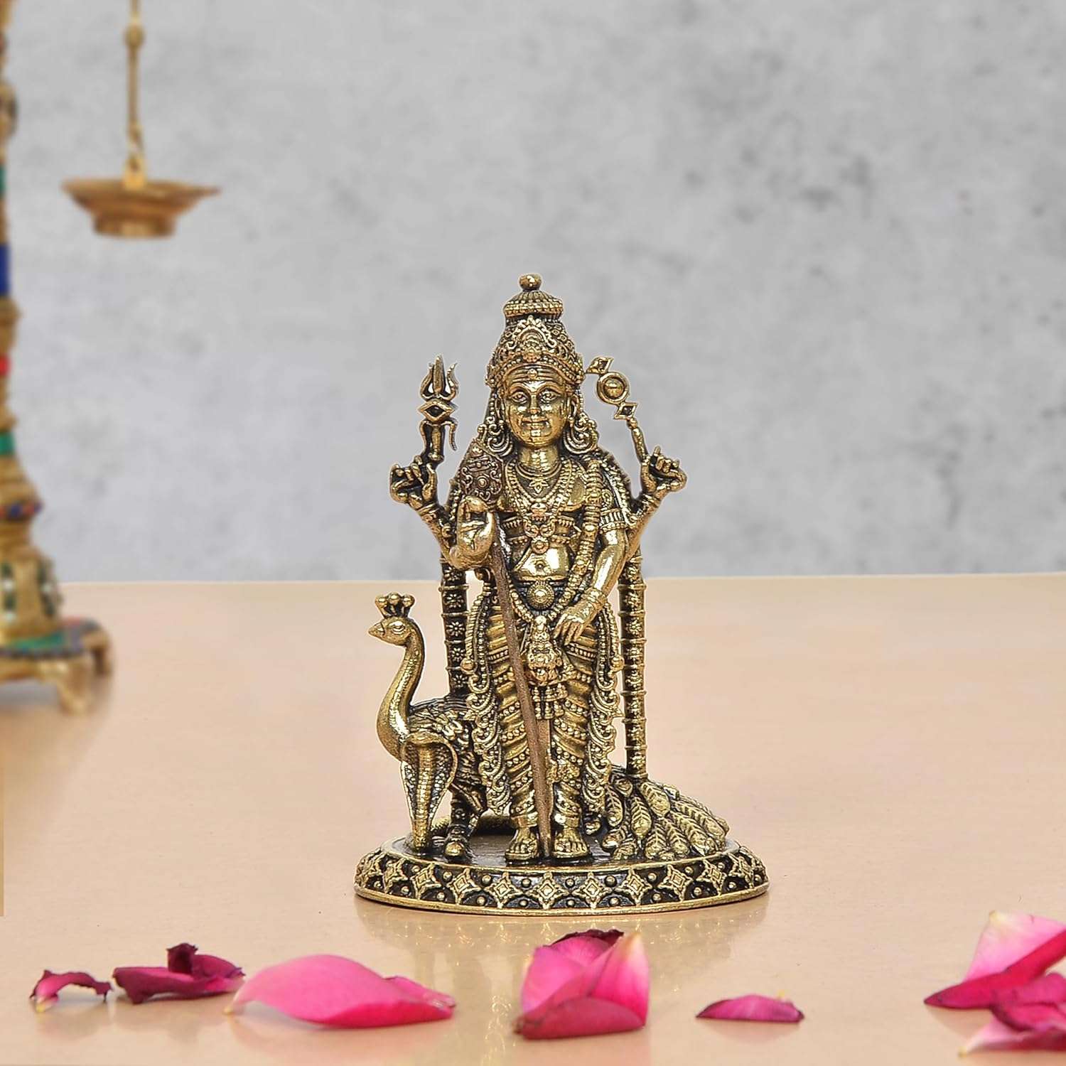 Bronze Standing Lord Kartikeya with Peacock Murugan Murti (Height 4 Inch)